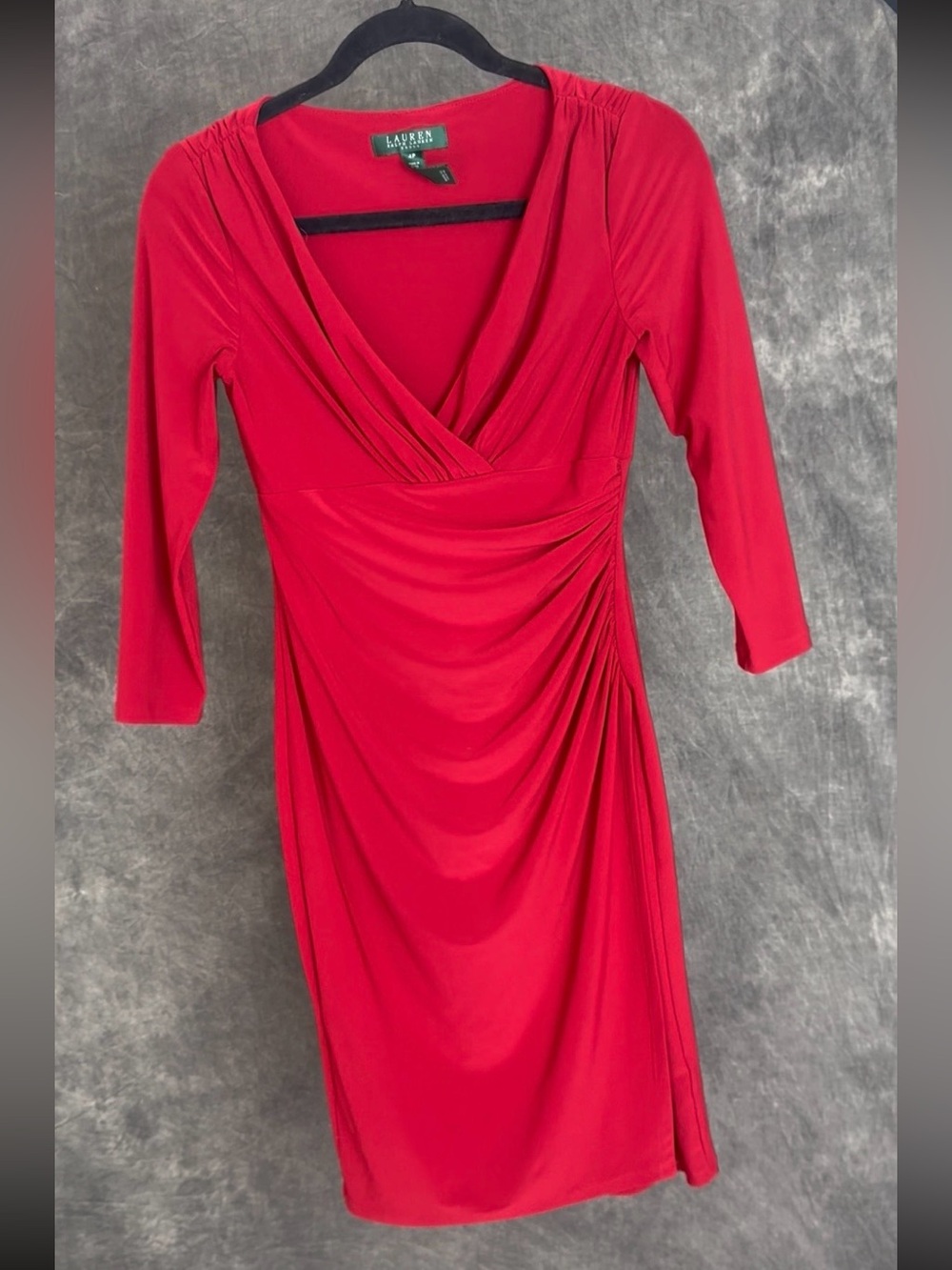Lauren Ralph Lauren Red Ruched Faux Wrap Sheath Dress Petite Size 4P - Picture 3 of 5